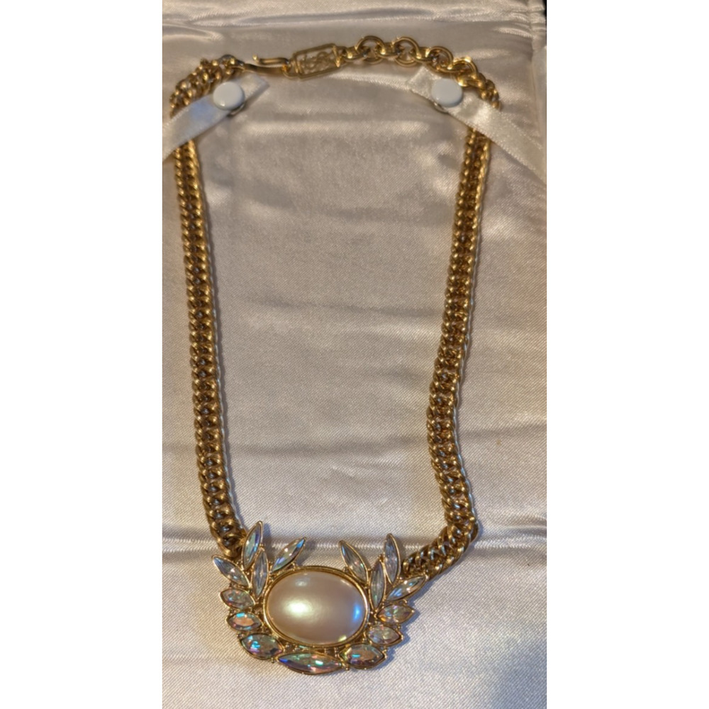 Vintage YSL Yves St. Laurent Faux Pearl Gold‎ tone Necklace with AB crystals